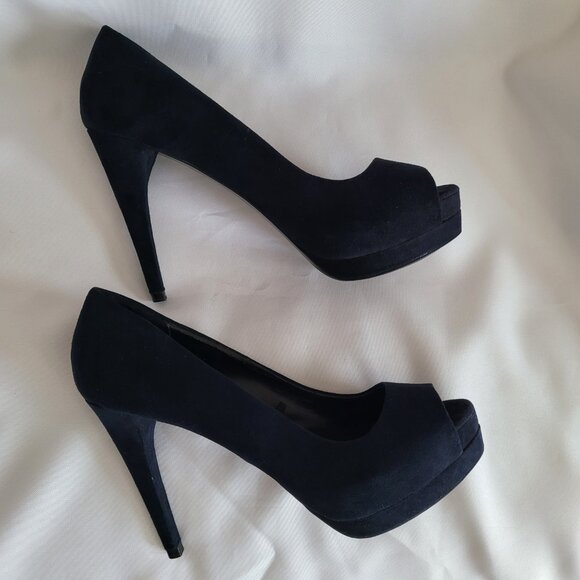 Zara Suede Platform Ultra High Heel Stilleto Pumps SZ 38 (7.5) Navy Blue - Picture 8 of 15